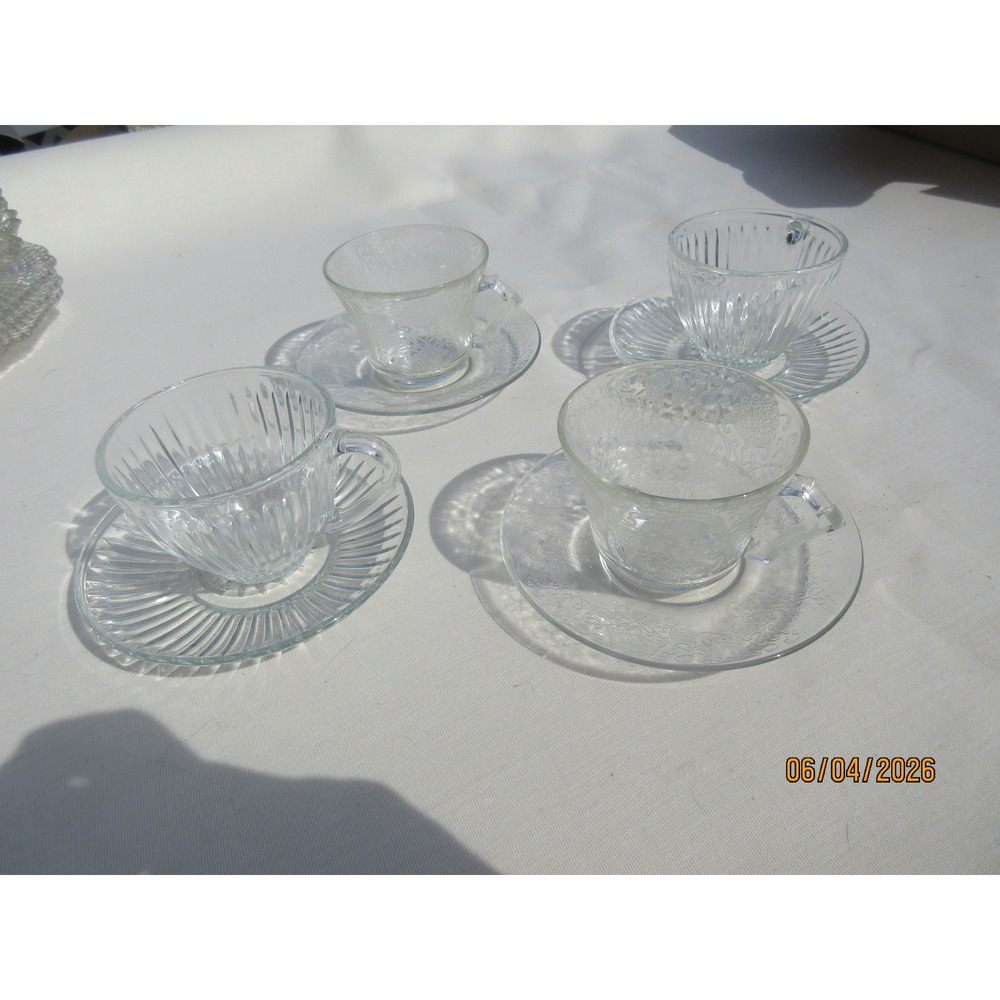 Vintage Clear Depression Glass Tea Cup Saucer Set Ribbed Floral Mixed 8pc Lot